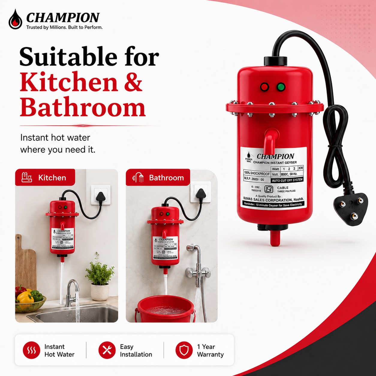 Red Champion instant hot water heater with text on suitability for kitchen and bathroom, and features.