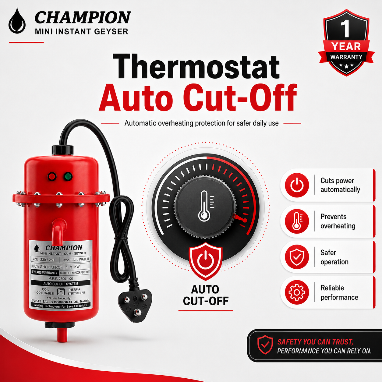 Red Champion thermostat auto cut-off device with features and warranty information on a white background