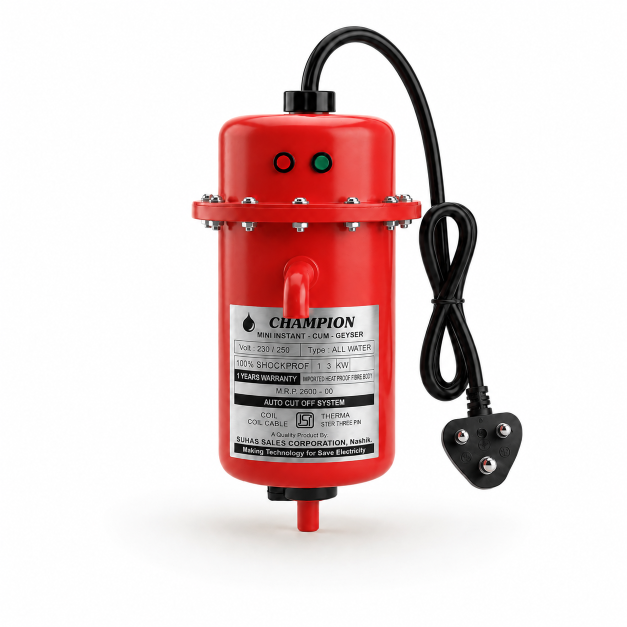 Red Champion pump with black cord on a white background