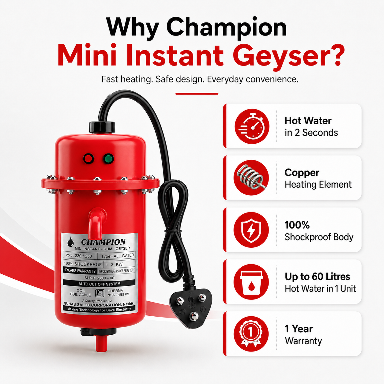 Red Champion Mini Instant Geyser with features listed on a white background