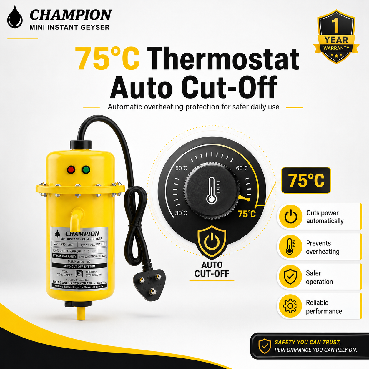 Champion Mini Instant Geyser with 75 degree thermostat auto cut off safety protection to prevent overheating