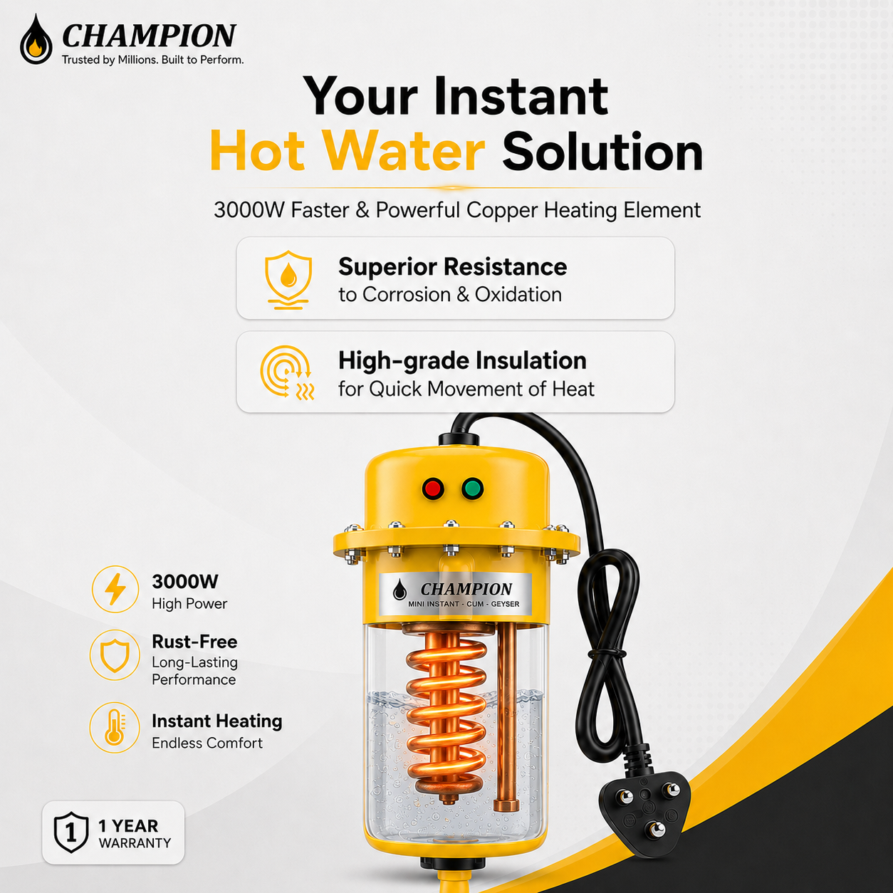Champion Mini Instant Geyser features including hot water in 2 seconds, copper heating element, shockproof body and 1 year warranty