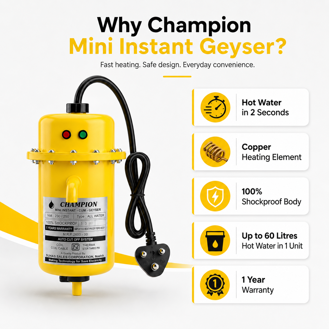 Champion Mini Instant Geyser features including hot water in 2 seconds, copper heating element, shockproof body and 1 year warranty