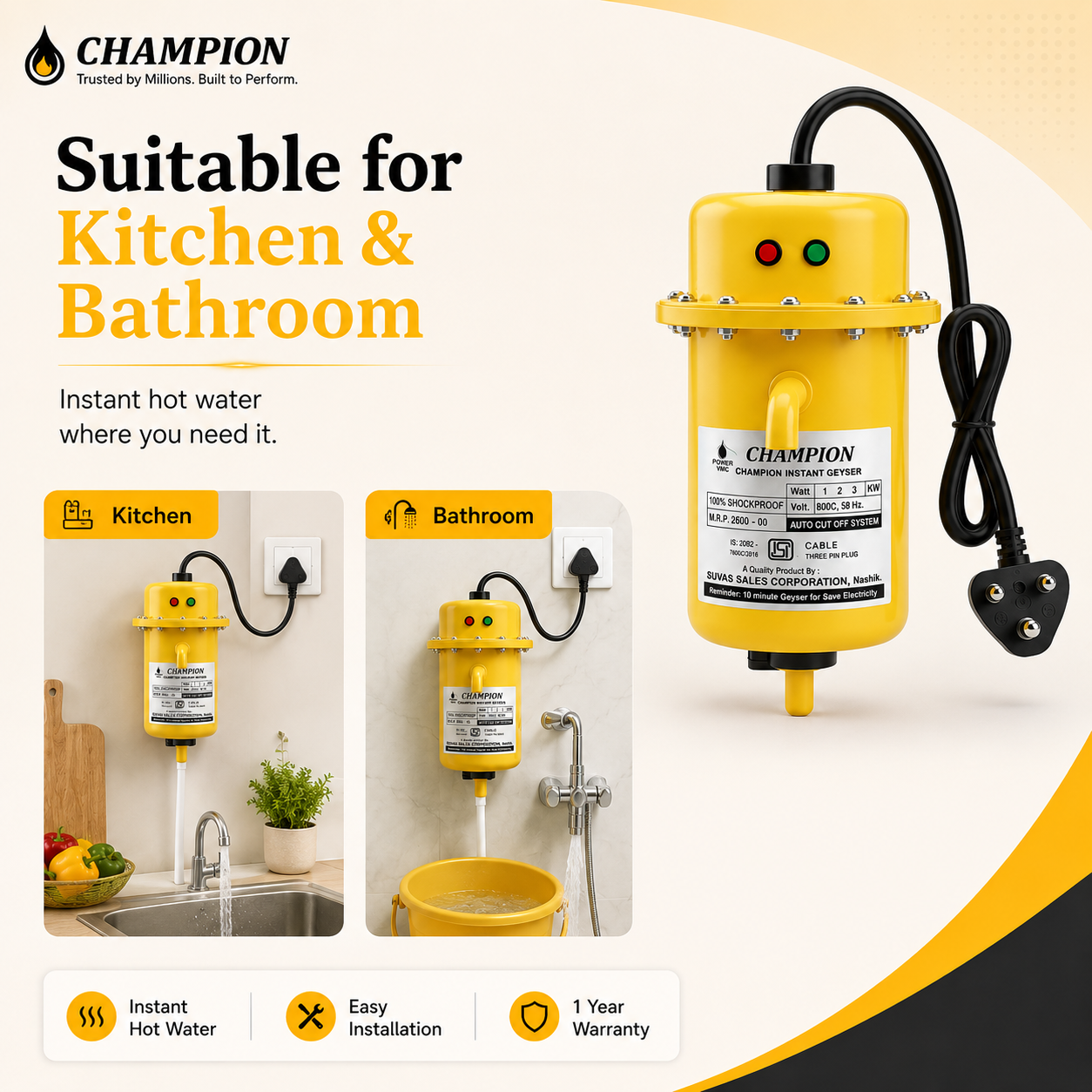 Yellow Champion instant hot water system with text highlighting suitability for kitchen and bathroom use.