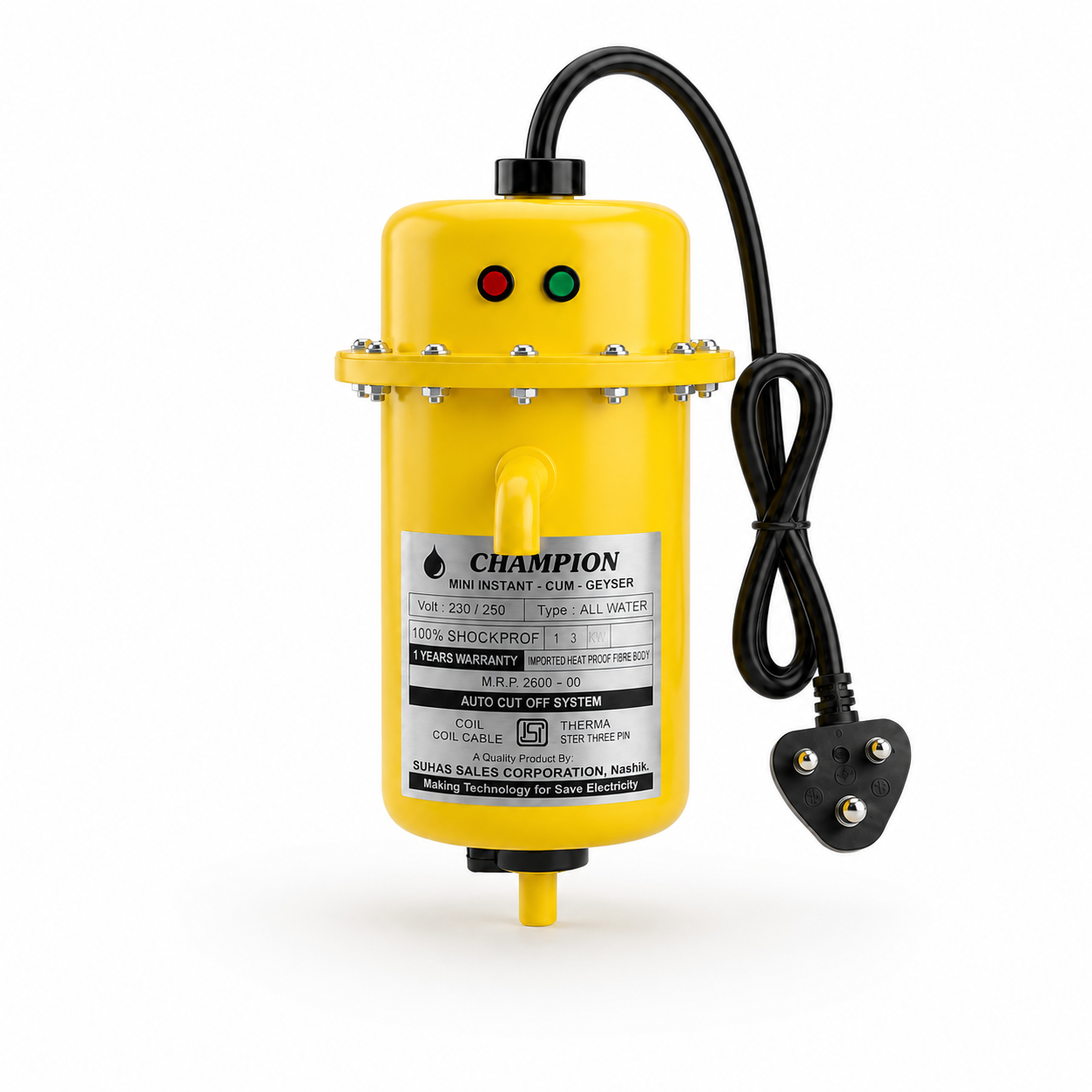 Champion Mini Instant Geyser yellow compact water heater with black cable and three pin plug, 1 year warranty, copper heating element, shockproof body and hot water in 2 seconds